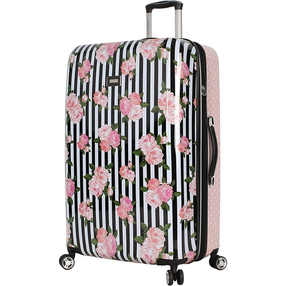 Betsey Johnson 30 Inch Adult Stripe Rose Spinner Checked Luggage, Pink
