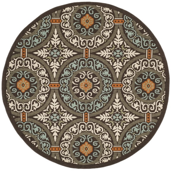 SAFAVIEH Veranda Durga Geometric Indoor/Outdoor Area Rug, 6'7" x 6'7" Round, Chocolate/Aqua