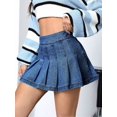 thumbnail image 3 of Womens Dark Wash Pleated Denim Mini Skirt, Casual A-Line Style, 3 of 24