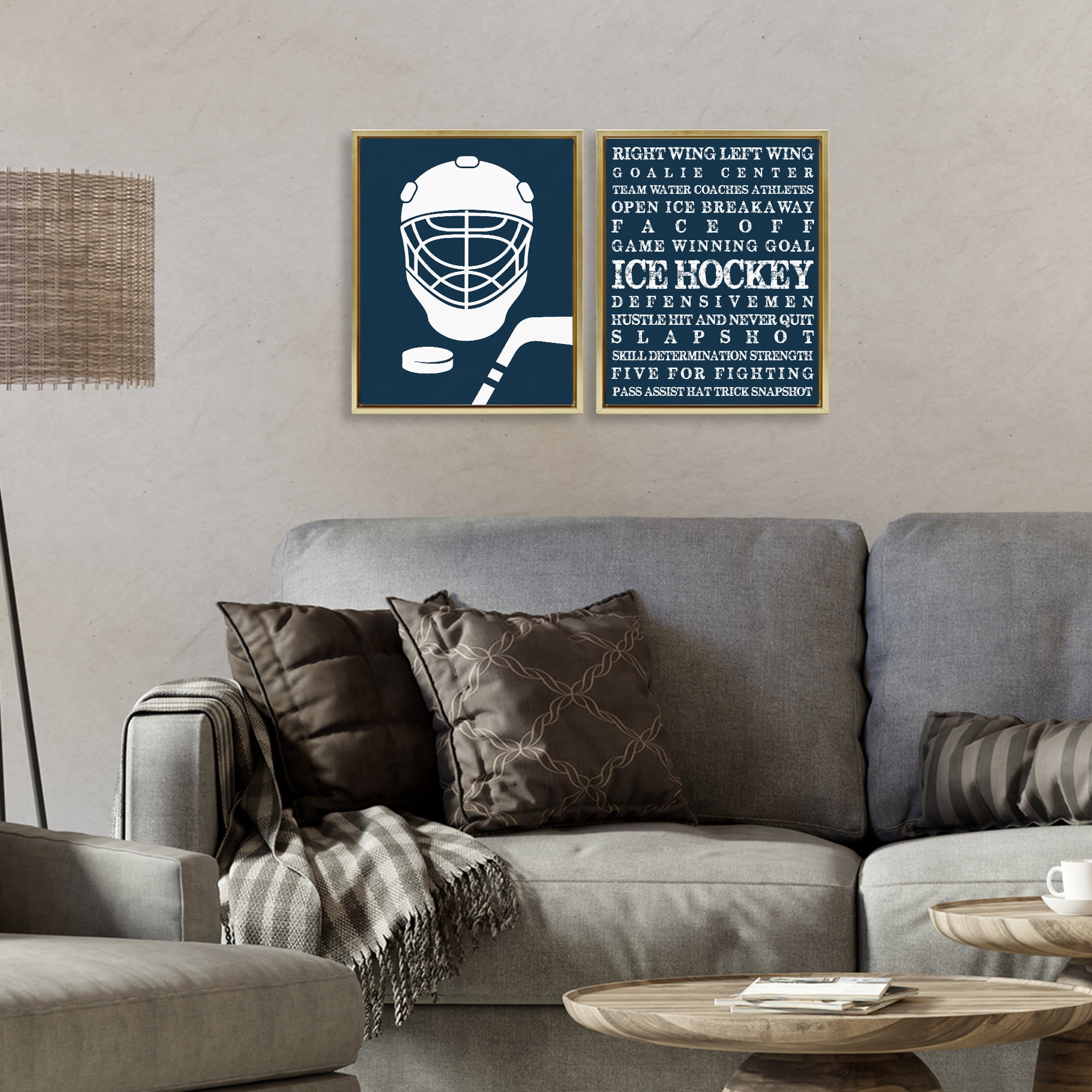 Stupell Industries Hockey Equipment & Phrases 2 Piece Gold Framed Floater Canvas Set, design by Melody Hogan