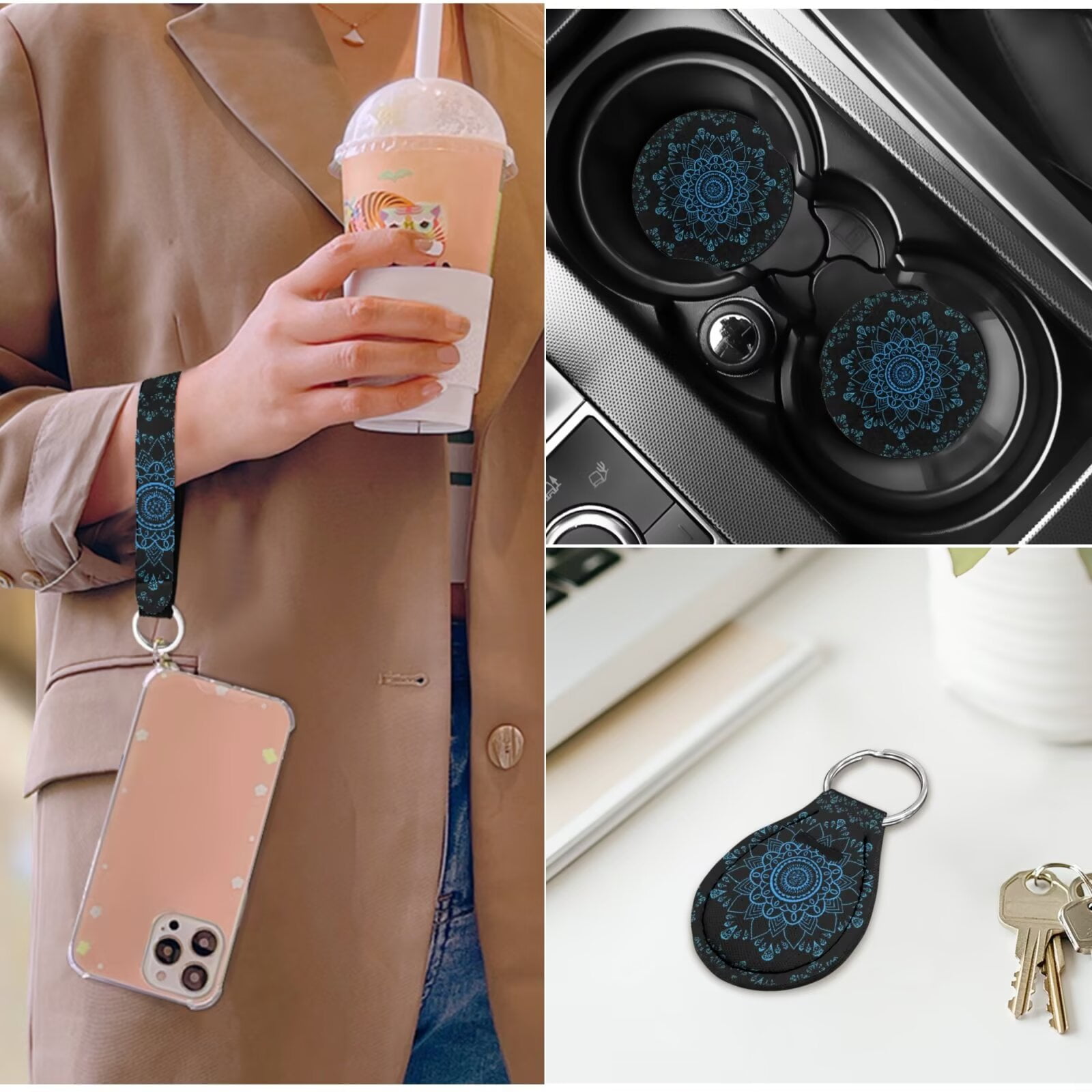 HUIACONG Blue Lotus Mandala Car Seat Covers for Women Full Set 14 Pcs Boho Car Accessories Interior Including Steering Wheel Cover Seat Belt Covers Armrest Cover Headrest Covers Coasters Keychain