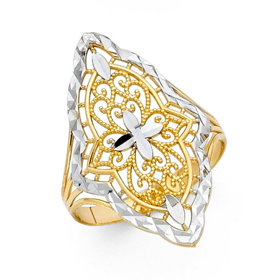 Fashion Design Ring Solid 14k Yellow White Gold Filigree Style Polished Finish Two Tone 27MM, Size 7