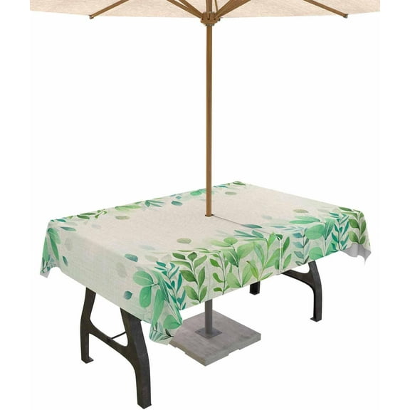 Outdoor Rectangle Tablecloth with Umbrella Hole and Zipper, Light Green Botanical Waterproof Table Cover, Rustic Eucalyptus Leaves Burlap Washable Patio Tablecloths for Party Picnic, 60"x84"