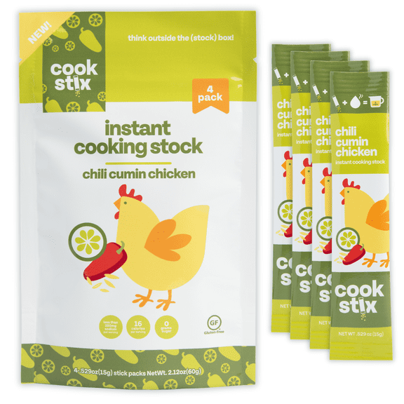 Cookstix Chili Cumin Lime Chicken Stock Powder Sticks, Makes 3 Cups of Chicken Broth & 9g of Protein per Stick, Clean-Label Alternative to Bouillon Powder, Lower Sodium, No Additives, 4 Sticks