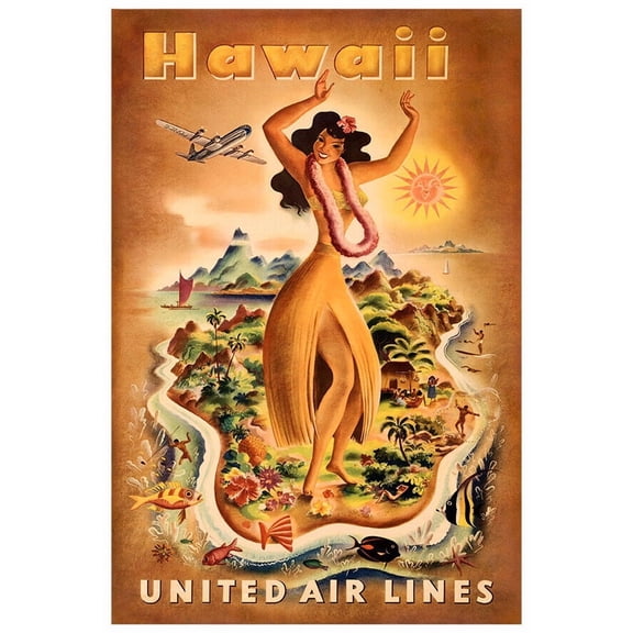 United Airlines - Hawaii - 1950s - Vintage Travel Poster - Version #2 (8x12Inches-US/CANOnly)
