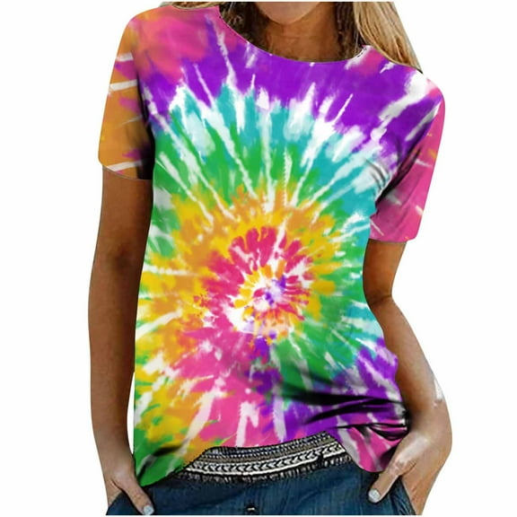 Patlollav Womens Crewneck Short Sleeve Tie-Dye Print Pattern Casual Tops Print Shirts