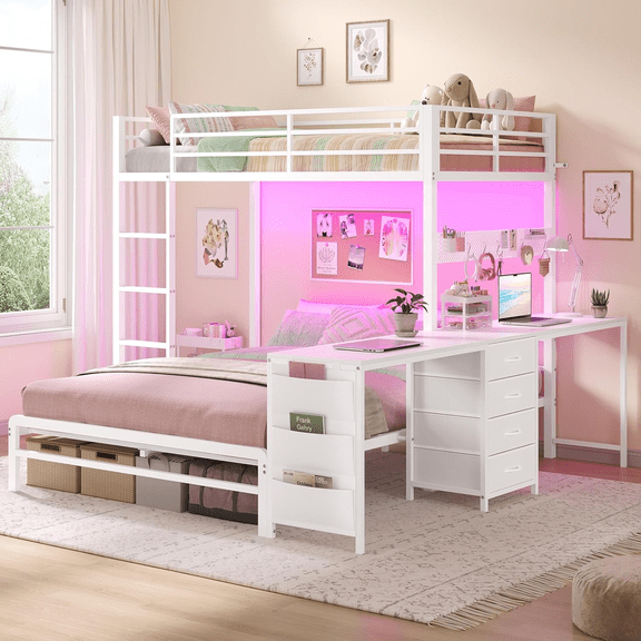 Plonmago Twin Over Full Bunk Beds With 2 Person Desk,4 Storage Drawers & Power Strips, Metal Full Bunk Bed With Led Lights, With Safety Guardrail,pegboard ,for Bedroom,White