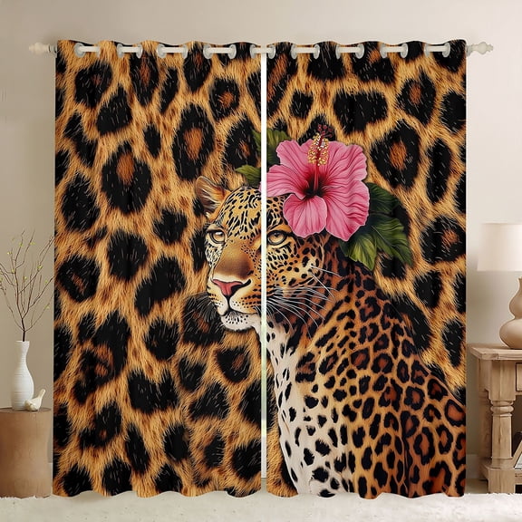 jejeloiu Safari Animal Cheetah Black Out Curtains,Chic Leopard Pattern Curtains Pack of 2 (42x63 Each),Pink Flower Floral Bedroom Curtains For Kids,Breathable Home Decor