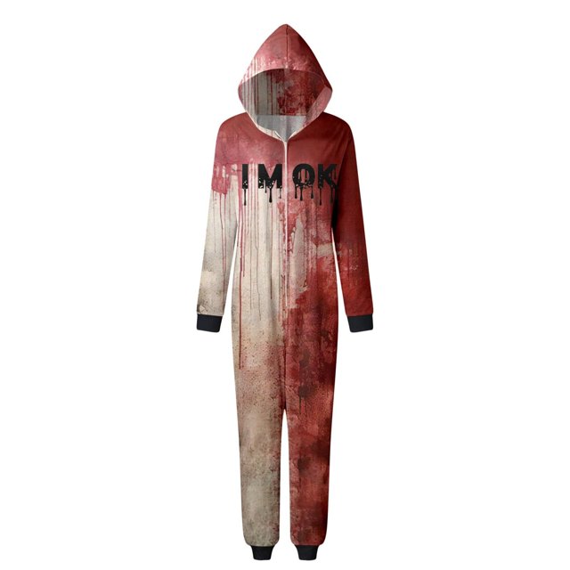 Family Halloween Pjs Matching Sets Halloween Print Long Sleeve Zippered One Piece Pajama Hooded Jumpsuit Winter Halloween Pjs Family Set