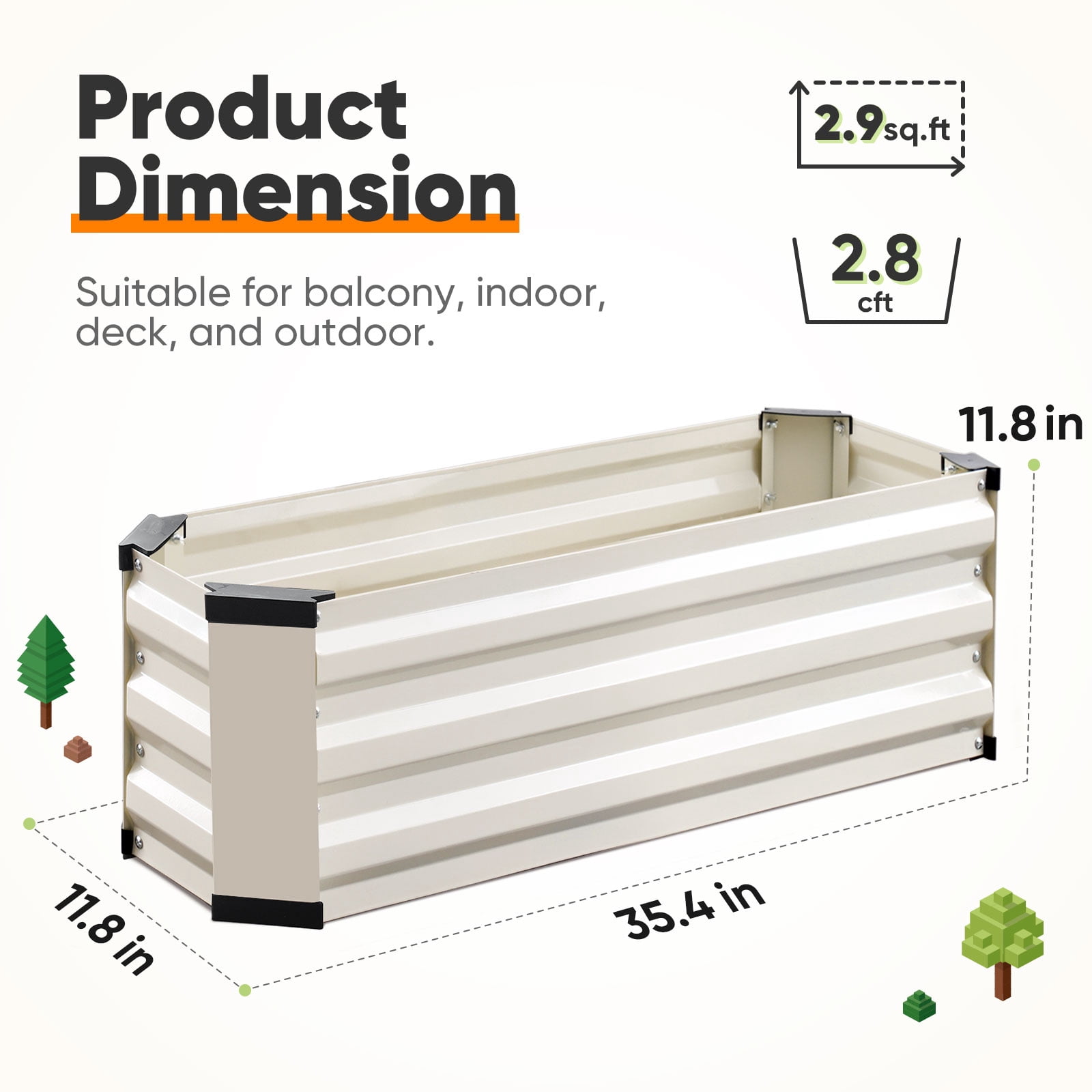 King Bird 3x1x1 ft Galvanized Metal Raised Garden Bed with Bottom Closed - Elevated Planter Box for Indoor, Outdoor, Patio & Balcony Gardening Beige