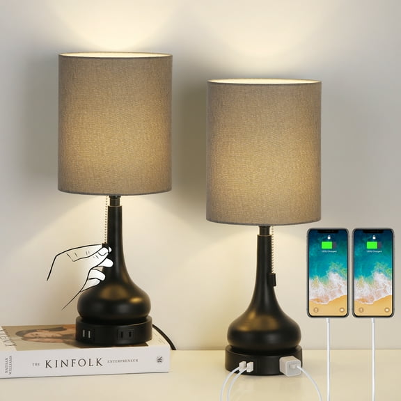 Usb Bedside Lamps Two With 2 Usb Charging Ports, Gray Lampshade