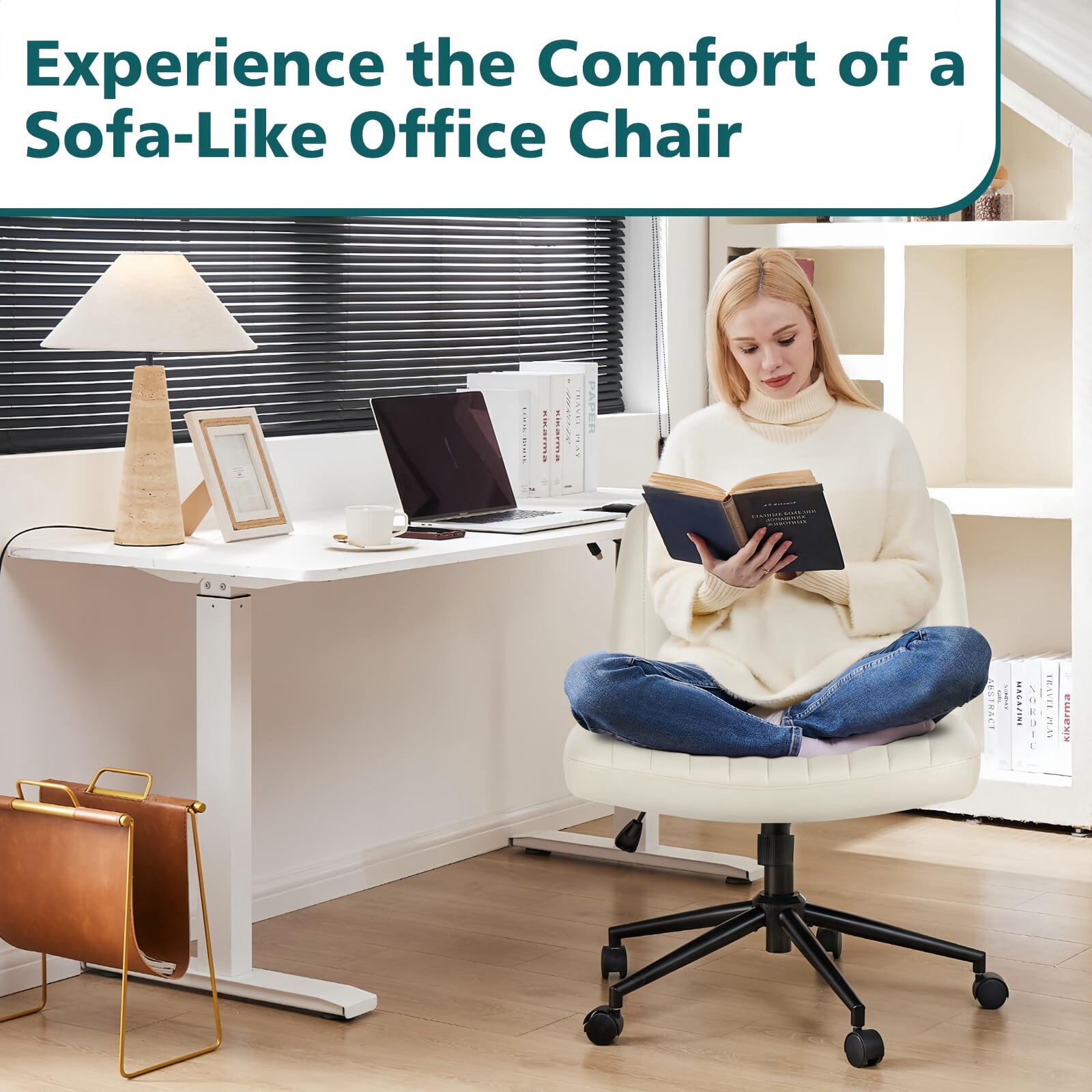Kelno Armless Criss Cross Office Chair with Wheels 300lb Capacity Wide Seat Cross Legged Desk Chair Height Adjustable Swivel Vanity Chair, Beige PU