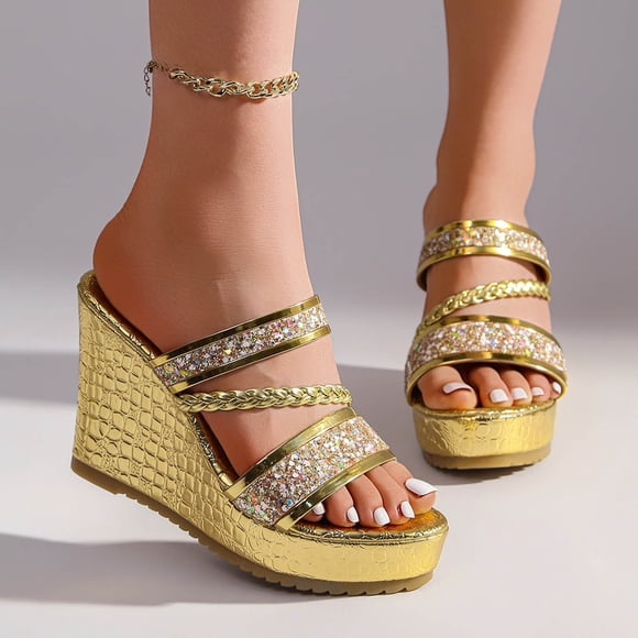 Miluxas Women's Glitter Strappy Wrapped Wedge Heel Platform Sandals Gold 5.5(36)