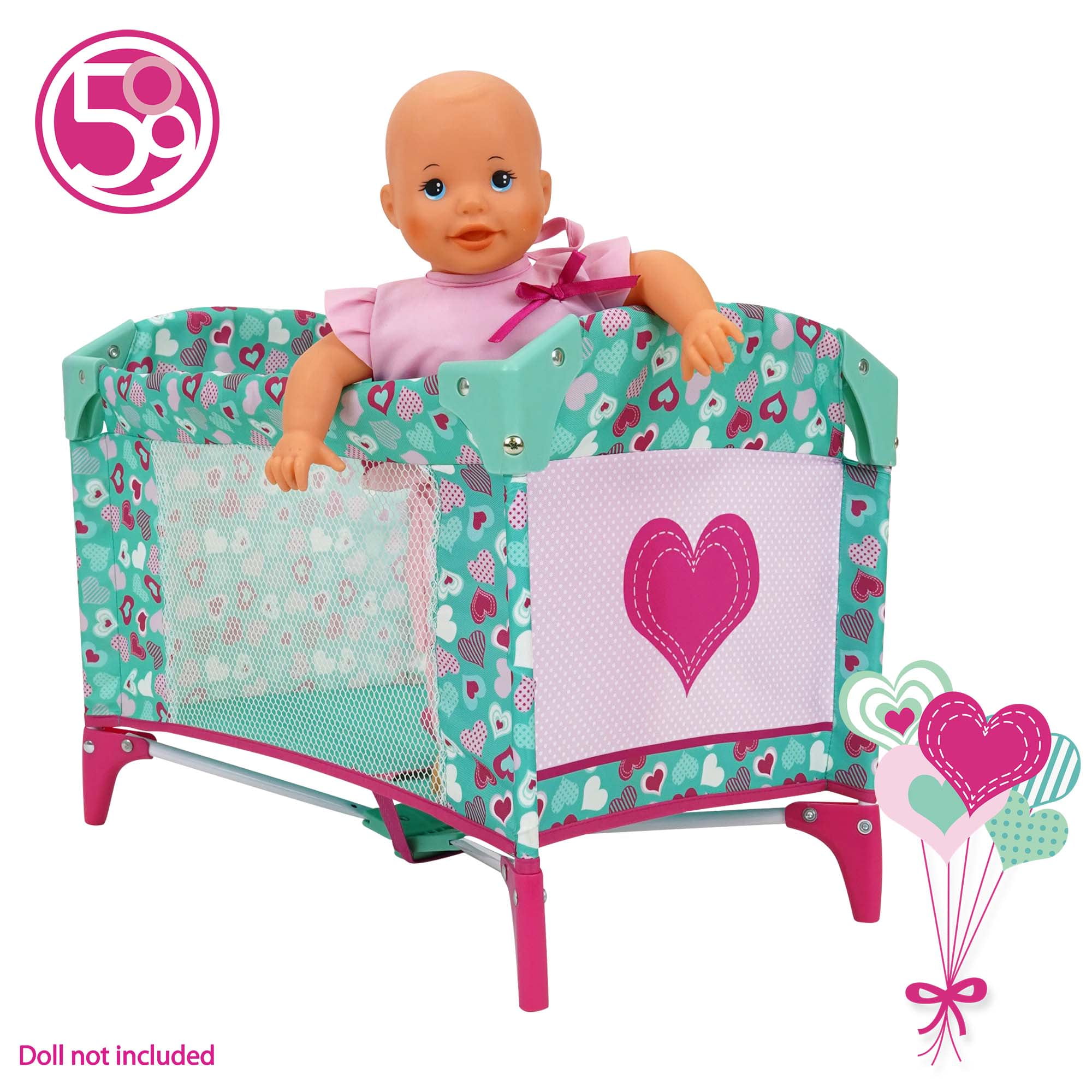 509 Crew: Mint Heart - Dream n' Fun Doll Play Yard - Pink & Green, Portable Sleep Crib, Storage Pockets, Toys-Dolls-Stuffed Animals Accessory, Kids 3+