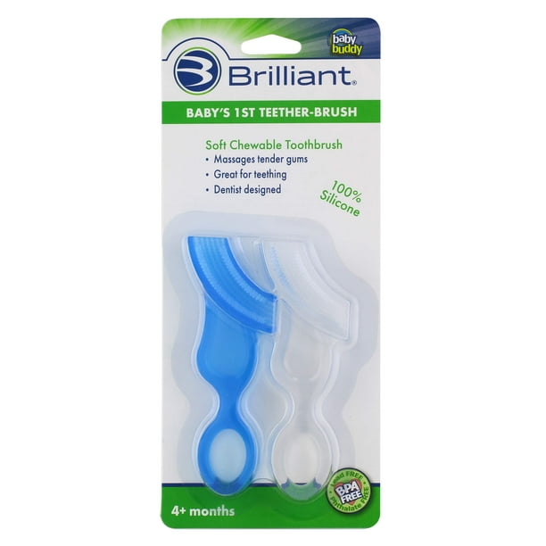 Brilliant Primer Cepillo de Dientes para Bebés Mordedor de Silicona masticable sin BPA Azul y claro 2 pzas