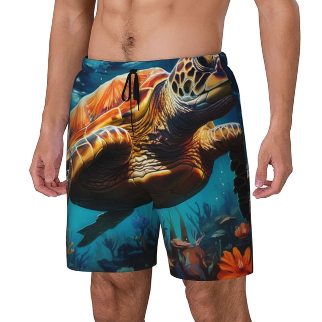 Kdxio Colorful Flower Sea Turtle Print Mens Swim Shorts with Mesh Lining, Breathable and Quick-Drying, Adjustable Waist, Privacy Pocket-Large