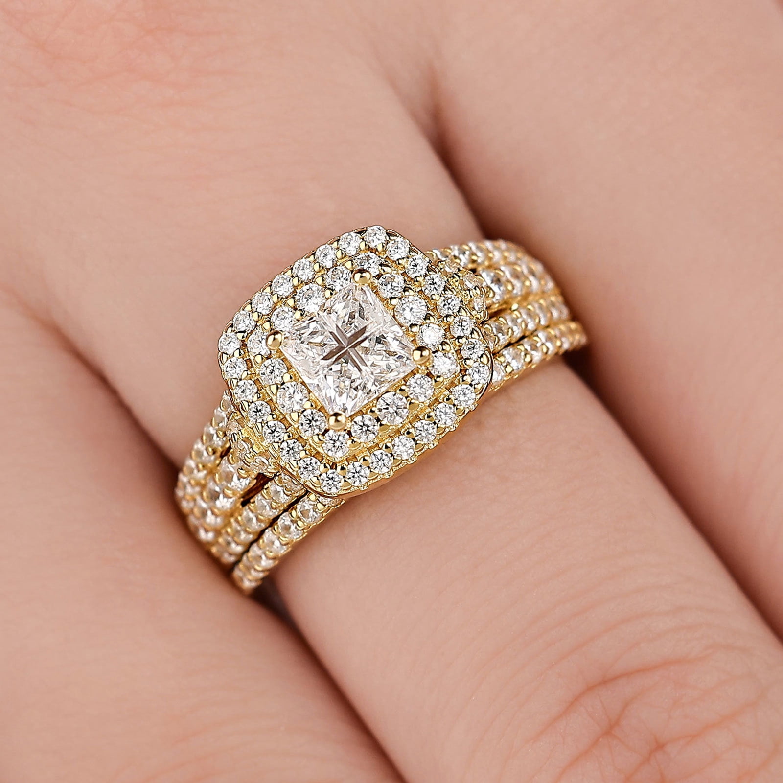 Newshe Jewellery Wedding Rings for Women Princess Engagement Ring Sets 925 Sterling Silver 1.7Ct Cross Yellow Gold Cz Size 8