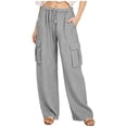 thumbnail image 2 of Danhjin Linen Cargo Pants For Women Spring Summer Casual Elastic Waisted Drawstring Loose Straight Leg Comfy Pants Stretch Pants With Pockets, 2 of 6