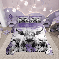 Erosebridal Highland Cow Print Comforter Set Twin,Purple Western Farmhouse Bedding Sets Rustic Home Decor,Longhorn Cattle Farm Animal Bed Set Grunge Daisy Flower Quilt Cowboys Gifts
