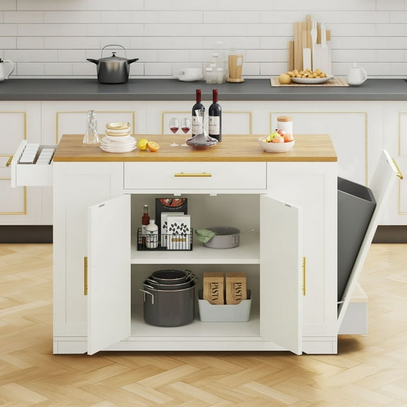 DEXTRUS 53" Kitchen Island Cart on Wheel, Kitchen island with Storage Cabinet, Tilt Out Trash Can, 2 Drawers for Home Kitchen, White