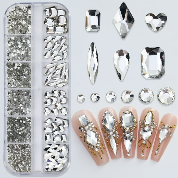 Kit de 12 rejillas 3D de base plana para decoración de uñas, con diamantes de imitación y gemas, cristales AB, para joyería, manualidades, rostro, ropa y decoración de uñas.