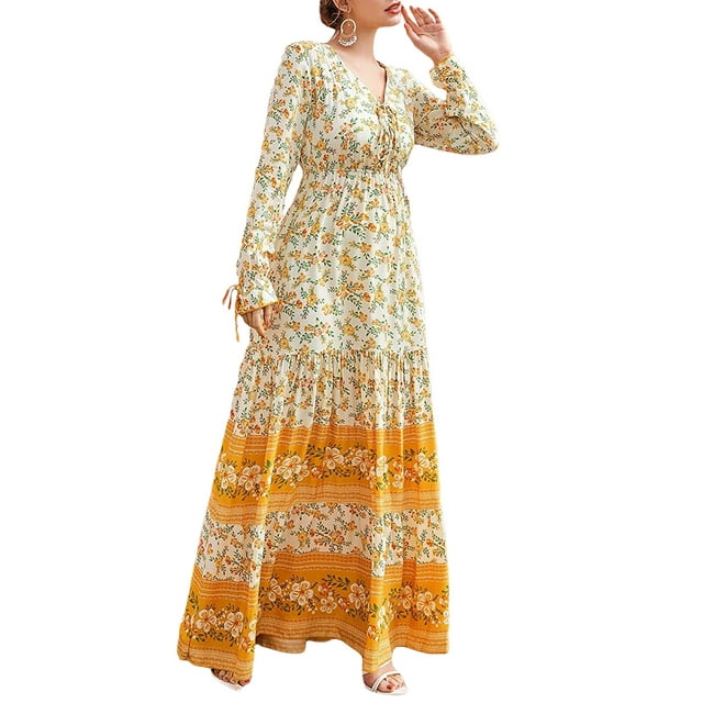 Pudcoco Robe Longue pour Femme, une-Pièce à Imprimé Floral à Col en V, Manches Longues, Ligne A à Nouer pour le Printemps et l'Automne