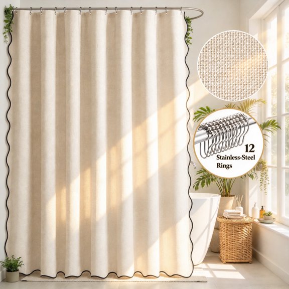 Zrodlmo Beige Scalloped Shower Curtain with Hooks, Waterproof Thick Linen Textured Fabric Bathroom Curtain, 72"x 72"