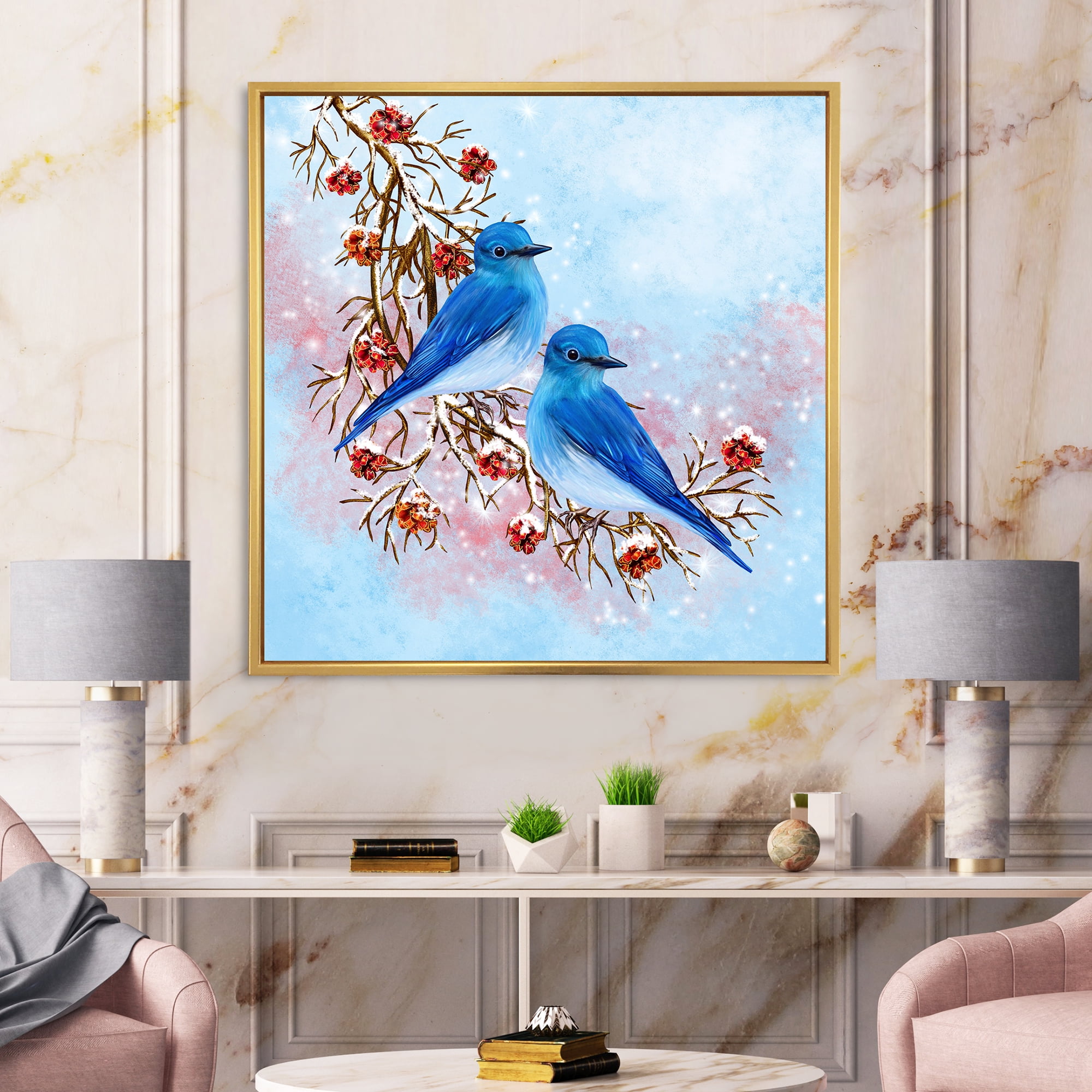 Designart 'Two Blue Birds Sitting On A Branch With Berries In Winter' Traditional Framed Canvas Wall Art Print