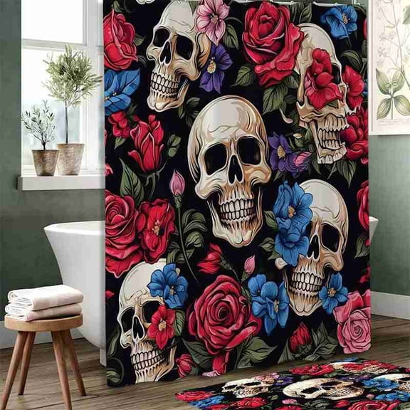 70x70 inch Black Gothic Skull and Colorful Floral Shower Curtain, Waterproof Polyester Fabric with Hooks for Bathroom Decor