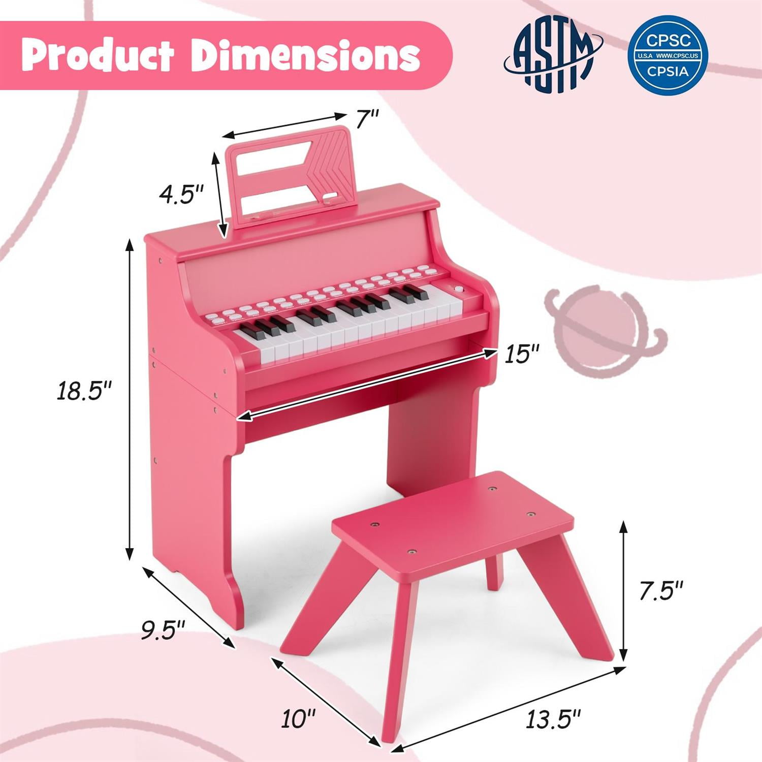 Demi Bonn Pink 25-Key Piano with Stool, Music Enlightenment, Adjustable Speed & Volume, Record/Playback