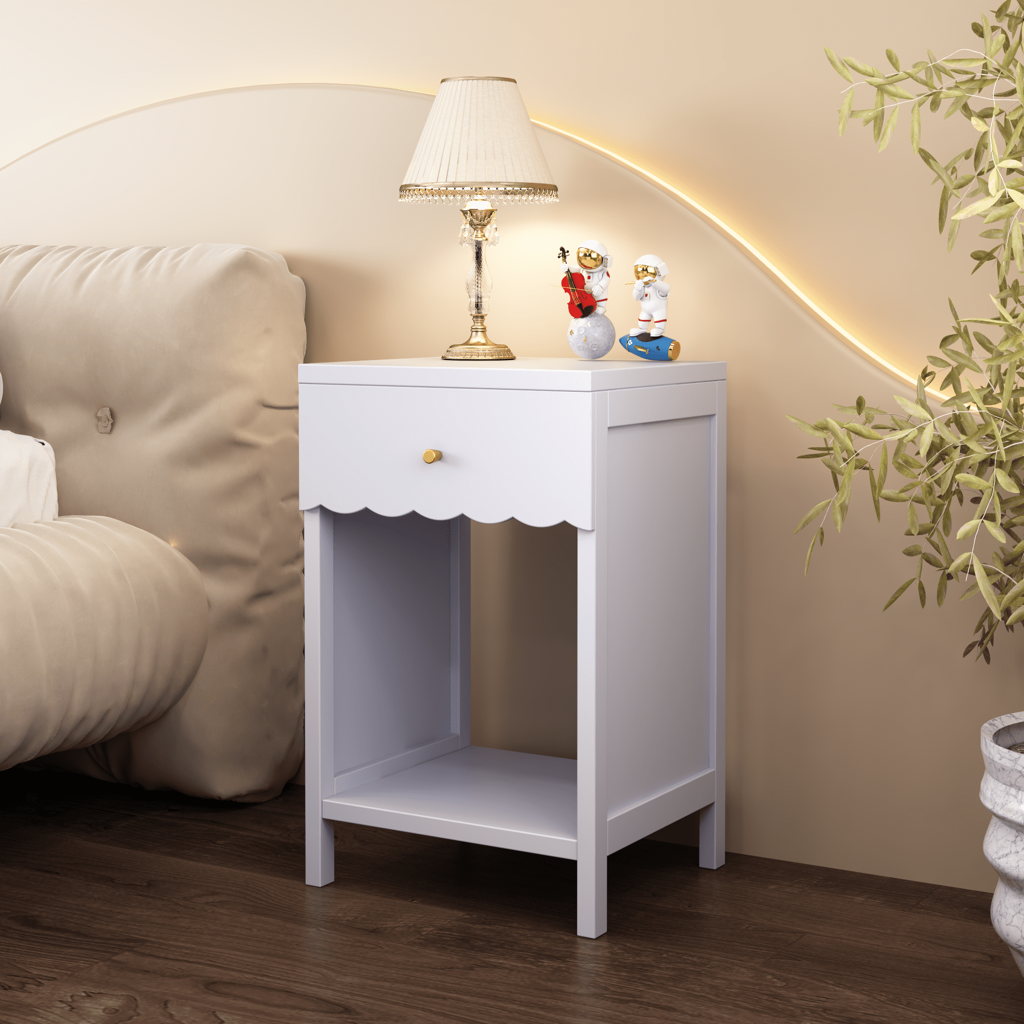 Modern Nightstand with Drawer and Open Shelf,Scalloped Edge Bedside Table for Bedroom, Cute Minimalist Side Table for Kids Room or Girls' Room,Light Purple