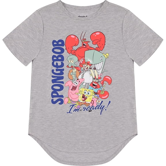 SpongeBob SquarePants Ladies Fashion Shirt Curved Hem Tee Heather Grey, Medium