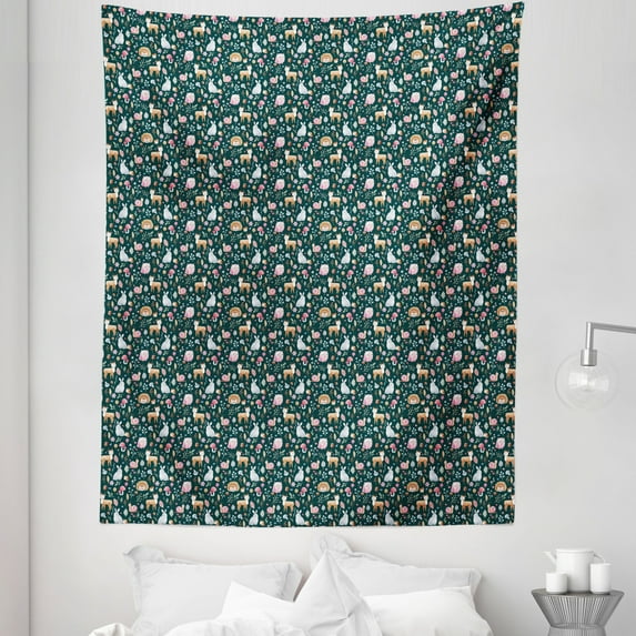 Acorn Tapestry, Woodland Nature Illustration Mushroom Nuts Deer and Owl on Dark Green Background, Fabric Wall Hanging Decor for Bedroom Living Room Dorm, 5 Sizes, Multicolor, by Ambesonne