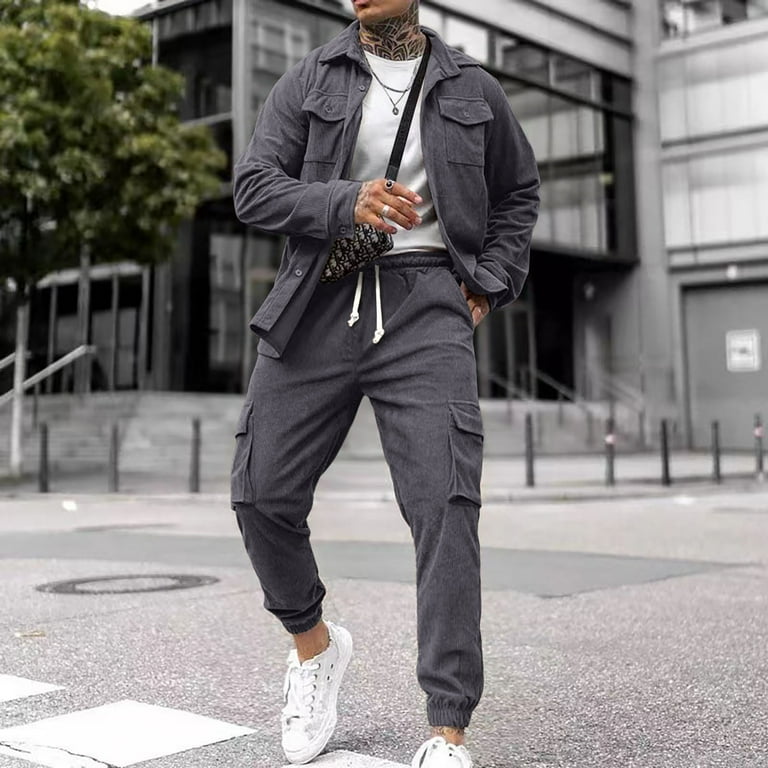 RATTOYY Two Piece Sets For Men Going Out Sportswear Workwear Trousers Texture Solid Color Jacket Slim Male Casual Outfits Basic Cute Streetwear