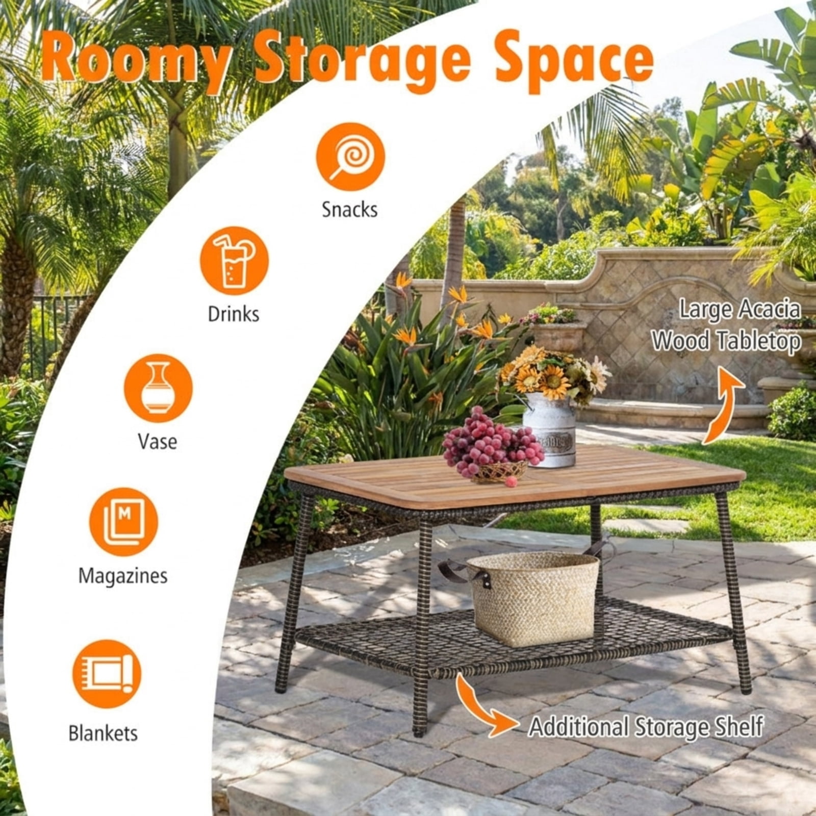 Furnibear 5 Piece Patio Rattan Furniture Set Outdoor Wicker Sectional Sofa Set with Cushions Armrest and Acacia Wood Tabletop, Off White