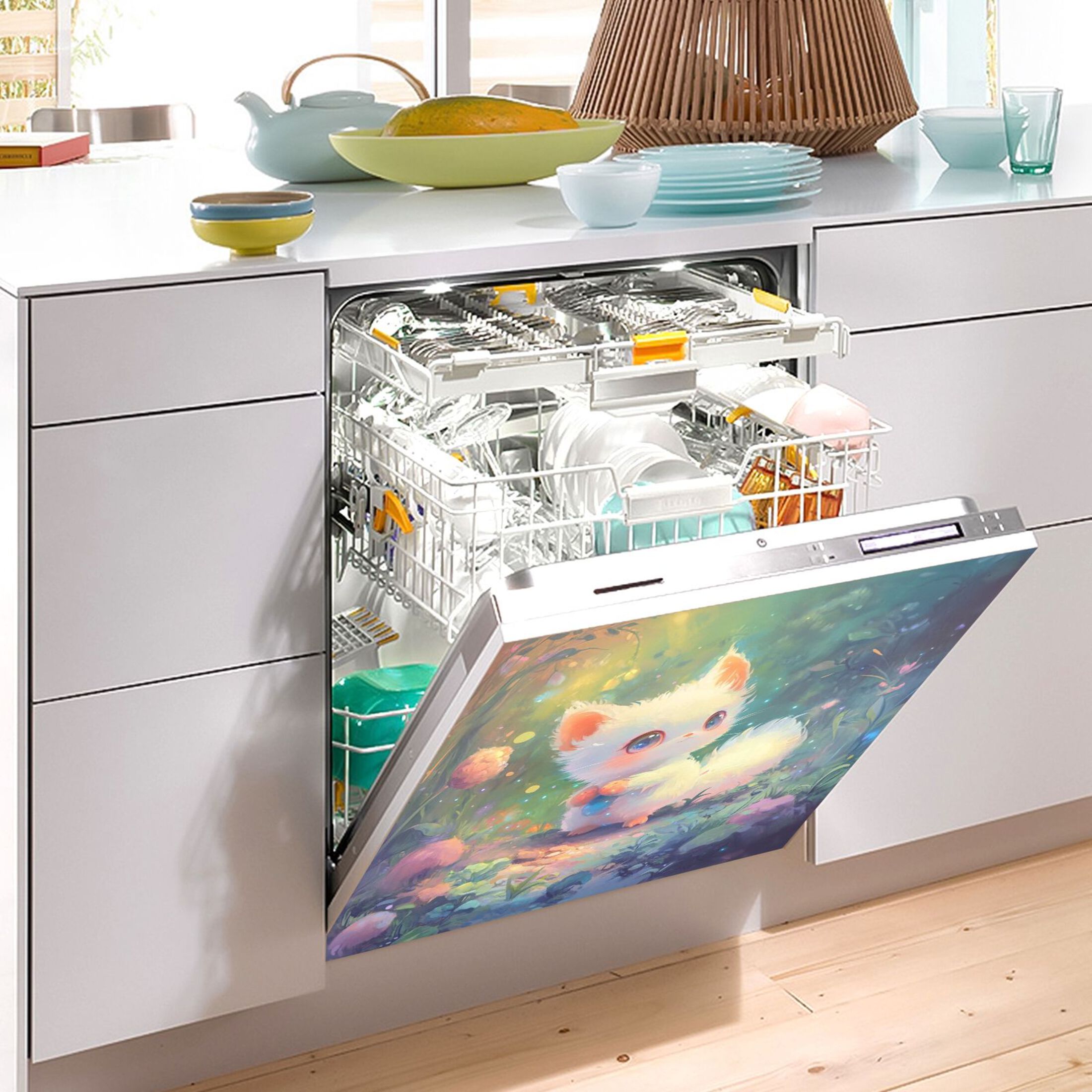 Dishwasher Magnetic Sticker 23x26 Inch Refrigerator Magnetic Sticker Washing Machine Magnetic Sticker Kitchen Panel Magnetic Sticker Home Decor Cartoon Beautiful White Fox