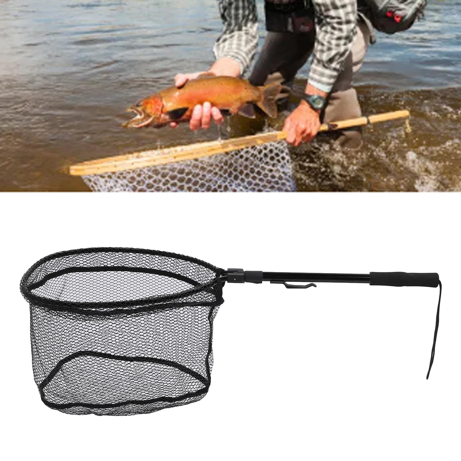 Rupoun Premium Aluminum Alloy Floating Fishing Net Fish Landing Net with Rubber Mesh Safe Catch Release Compact Foldable Portable Net 18.1 inches / 46 cm Black Edition