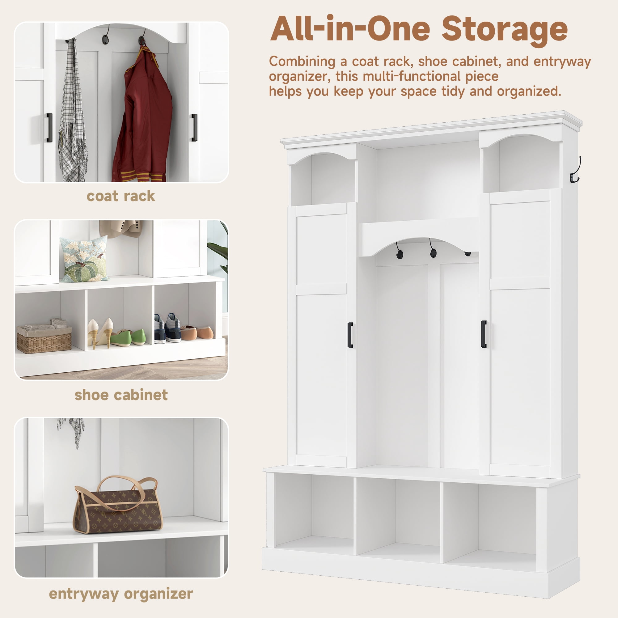 T-Foyer Farmhouse White Hall Tree with 7 Hooks & 2 Cabinets, Wooden Rustic Entryway Organizer with Open Storage & Adjustable Shelves