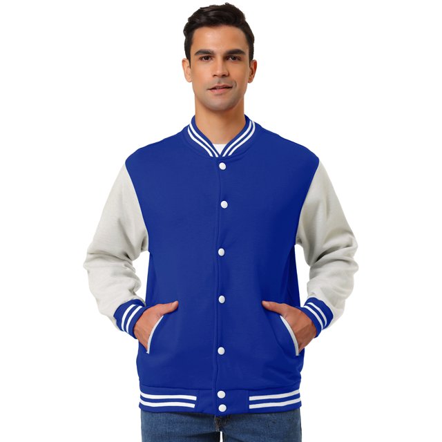 Chaqueta de béisbol Varsity para hombre, bloque de color, uniforme escolar, chaquetas de bombardero Letterman, azul medio, gris Unique Bargains Chaqueta