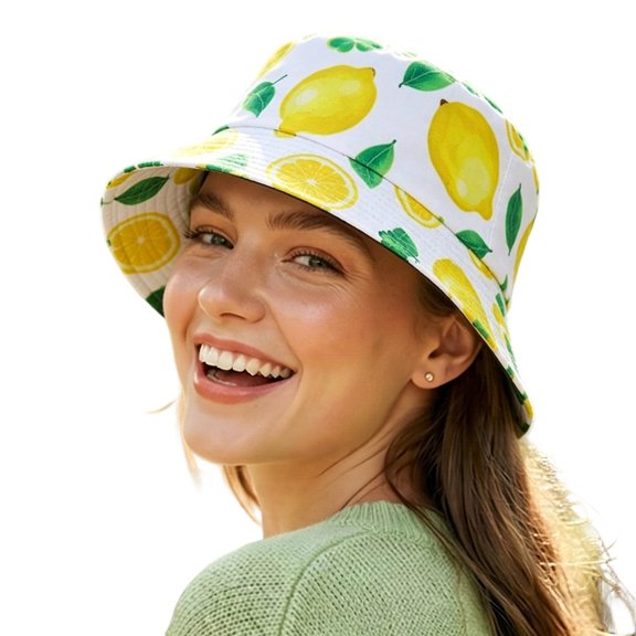 XIAOCHA Womens Fruit‑Print Bucket Hat Printed Sun Hat Beach Wide‑Brim Hat,White