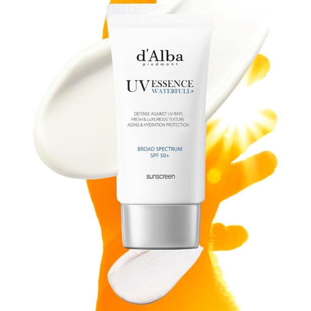 D’ALBA Waterfull Essence Sunscreen SPF 50+ 50 ml – Protector Solar Facial Coreano con Niacinamida y Extracto de Centella – Bloqueador Facial de Textura Ligera e Hidratant