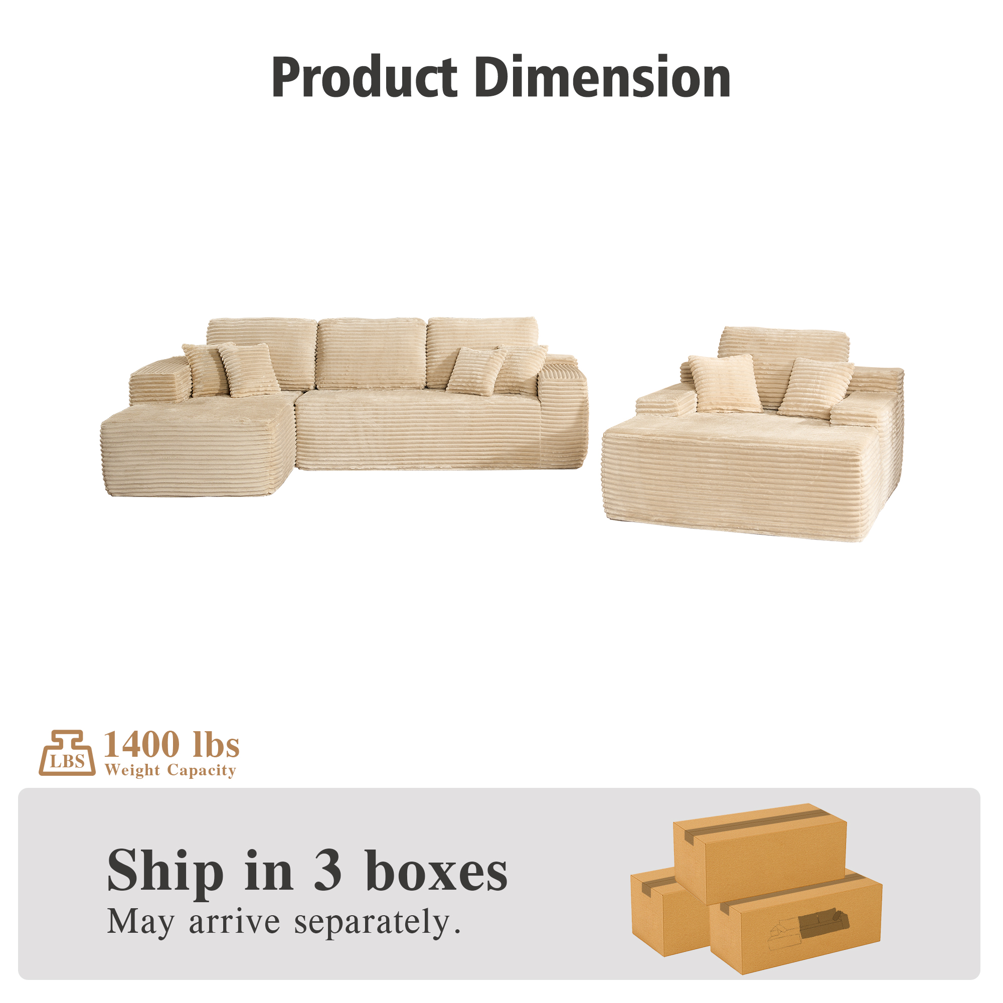 Ovios 106" Modular Cloud Couch Oversized Deep Seat Plush Corduroy Sectional Sofa with Lounge Chair for Living Room, No Assembly, Beige