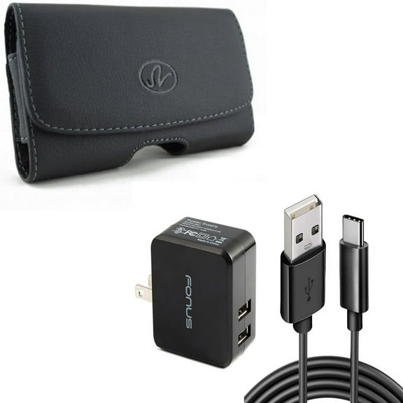 Home Charger & Case Belt Clip for iPhone 15 Pro Max - 17W 2-Port USB 3.4A Type-C Cable and Leather Swivel Holster Loops W2O for iPhone 15 Pro Max (6.7")