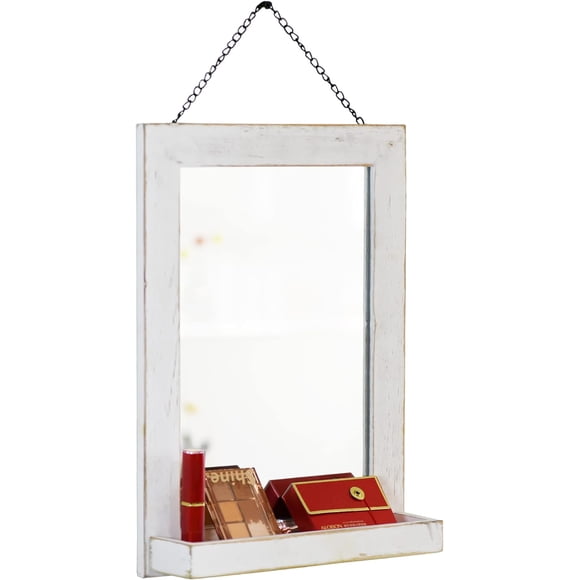 Funerom 11.8 x 15.8 inch Vintage Wood Farmhouse Wall Mirror Hanging Wall Mirror for Living Room or Bathroom Vanity White