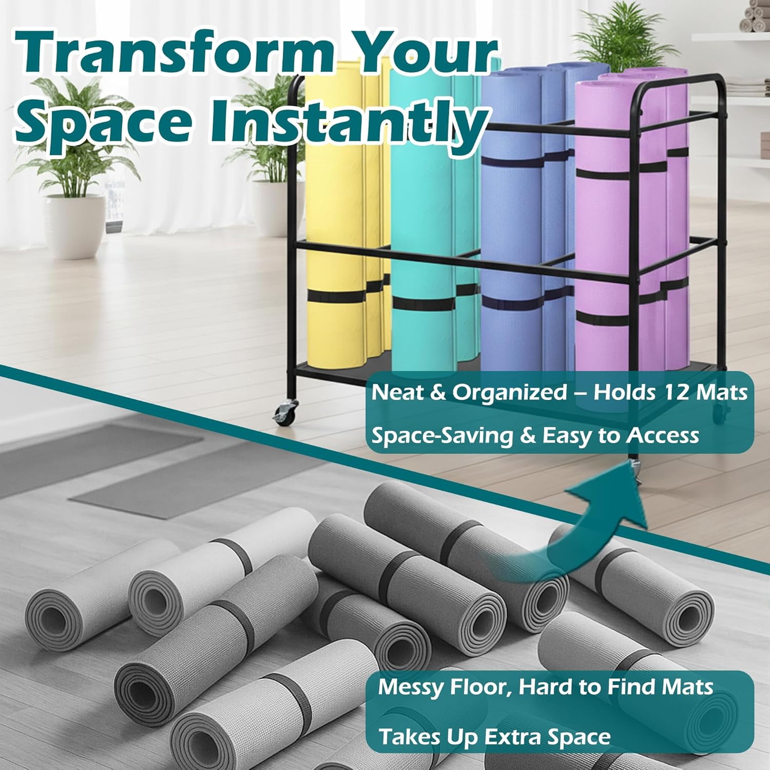 Yoga Mat Rack Storage Basket with Wheels,All-in-One Organizer for Yoga Mat Holder,Home Gym Equipment Storage Cart for Dumbbells, Kettlebells and Foam Rollers