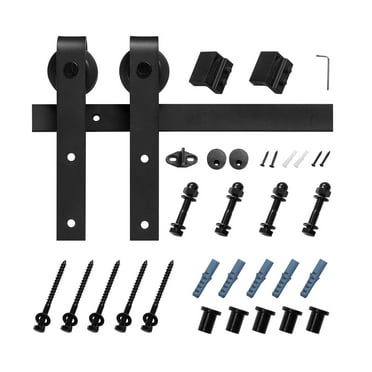 KFFKFF 5FT Sliding Barn Door Hardware Kit, Supports Up to 330 lbs, Fits Doors Up to 30 Inches Wide and 1-3/8 to 1-3/4 Inches Thick, Sturdy Track with J-Shape Roller, Black Finish
