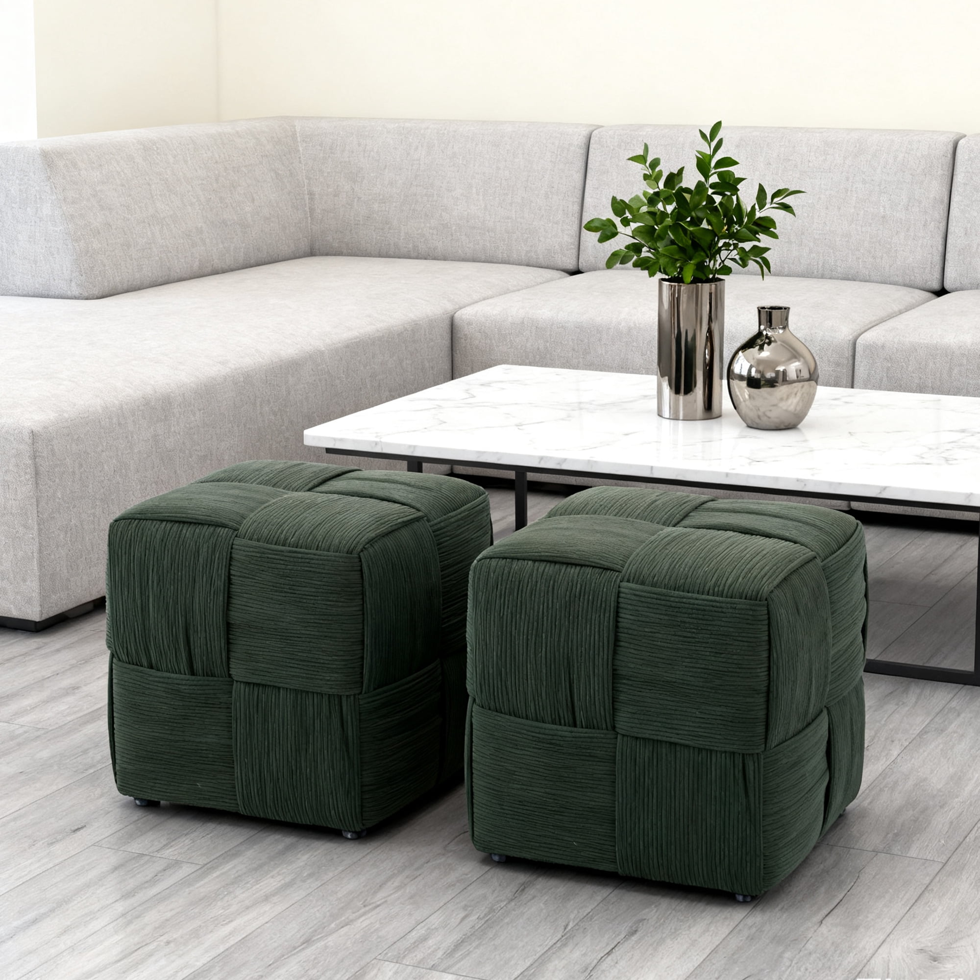 Ottoman Foot Rest, Soft Comfortable Square Corduroy Woven Design, Multi-Purpose Footrest Floor Seat Vanity Stool for Living Room Bedroom Nursery, No Installation Required, Green
