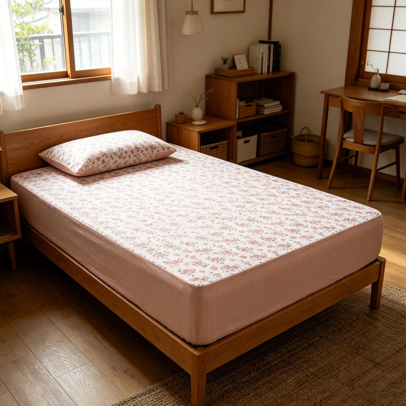 Japceit 35.43x78.44 Inch Fitted Sheet, Comfortable Cool Floral Pattern Mattress Protective Cover, Easy Clean Single Bed Sheet for Home Dormitory
