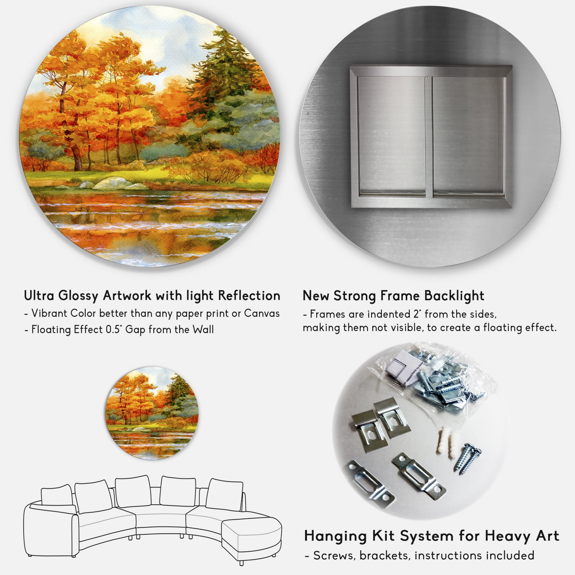 Designart 'Autumn Forest By The Lake Side III' Lake House Circle Metal Wall Art 11x11 - Disc of 11