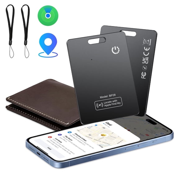 Wallet Tracker Card 2Pack, Bluetooth Tracker with Apple Find My(iOS Only), Rechargeable Thin Smart Card Wallet Finder, Item Finder for Luggage/Passport/Phone/Keys, IP68 Waterproof Black, FCC Approved